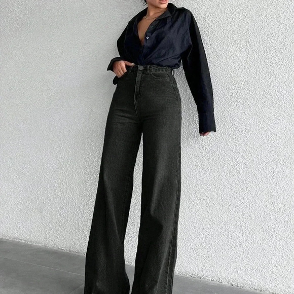 Black Casual Women's High Waist Wide Leg Jeans - Picture 4 of 4